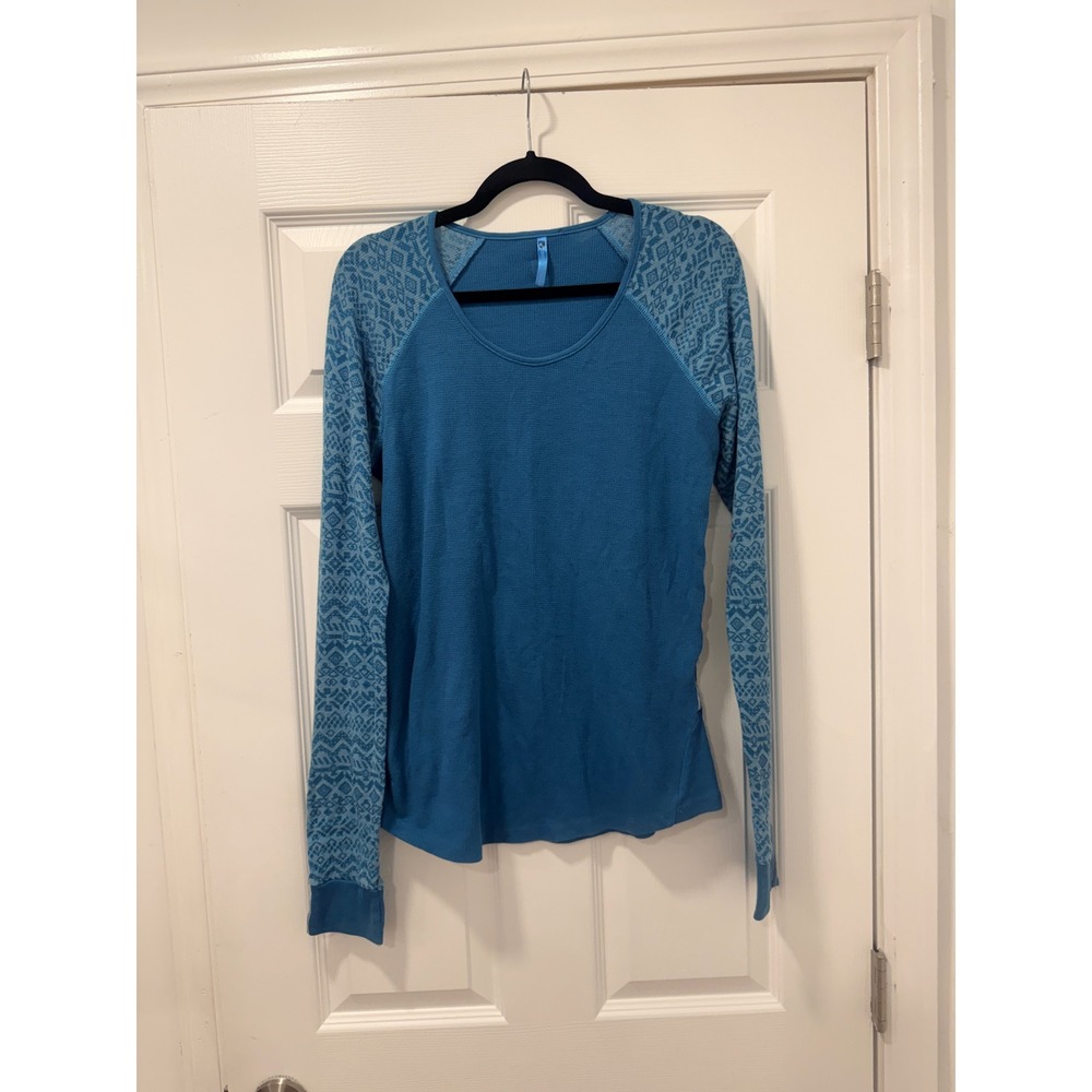 KUHL Womens Teal Blue Waffle Knit Thermal Long Sleeve Raglan Top L Base Layer